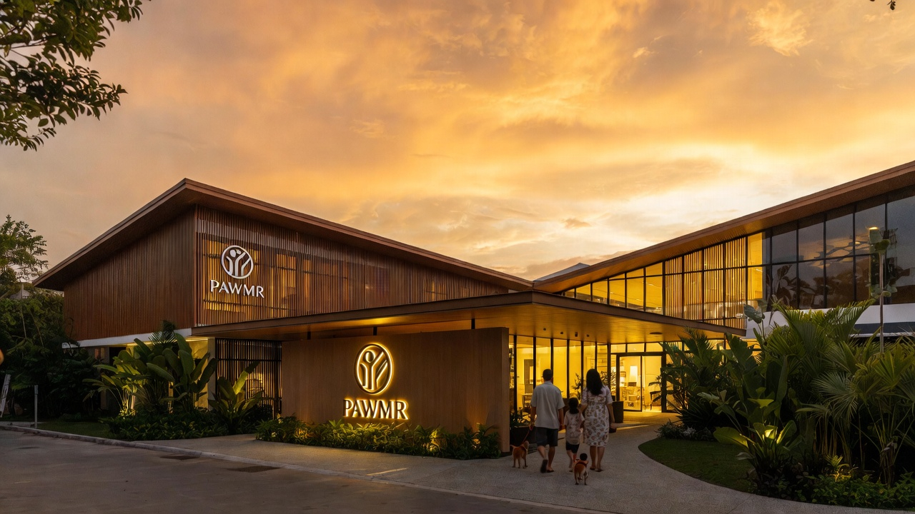 Modern Pawmr veterinary hospital at golden hour