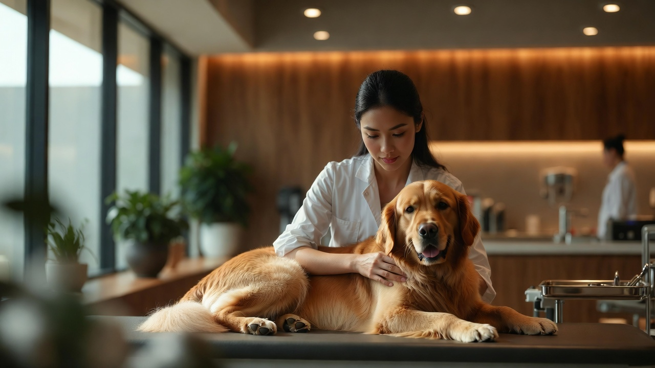 Modern veterinary clinic with veterinarian caring for a golden retriever