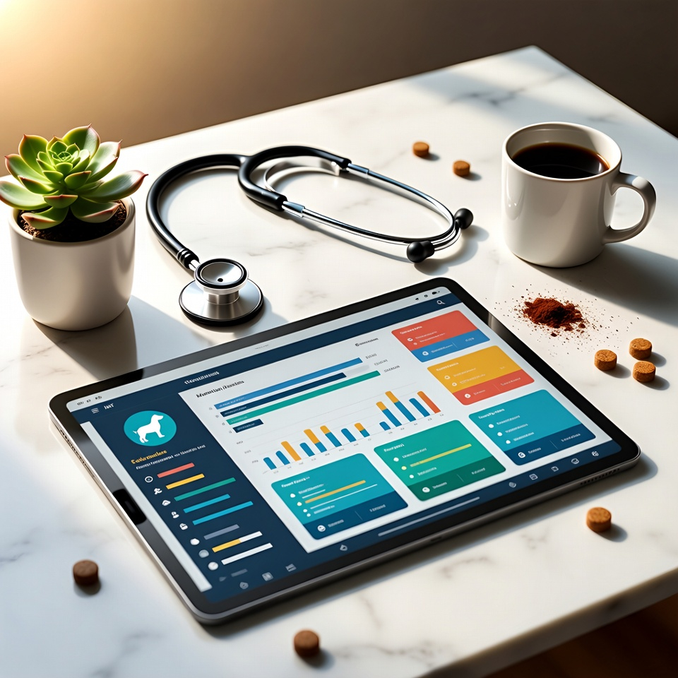 Pawmr veterinary dashboard on tablet with stethoscope